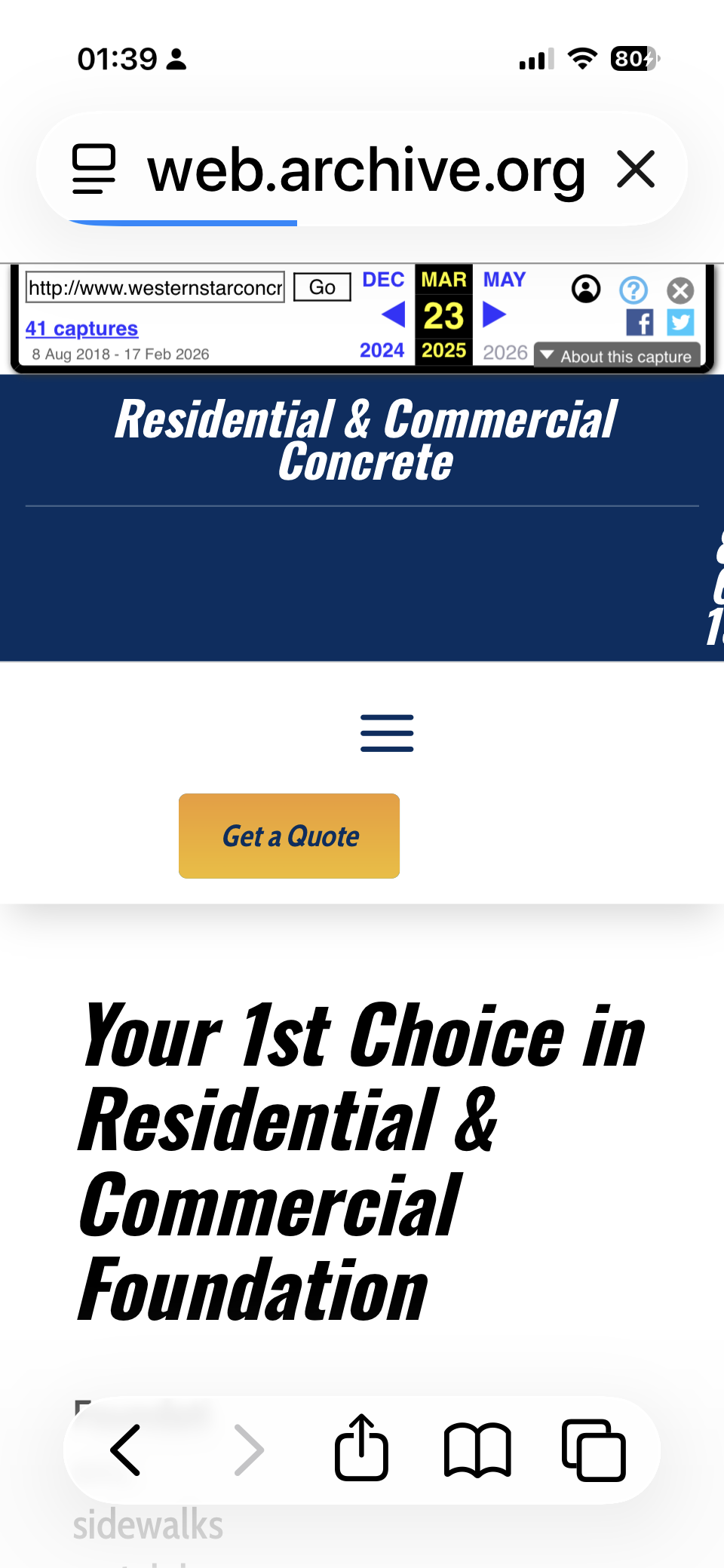 Archived Western Star Concrete mobile homepage showing the earlier blue design and Get a Quote button