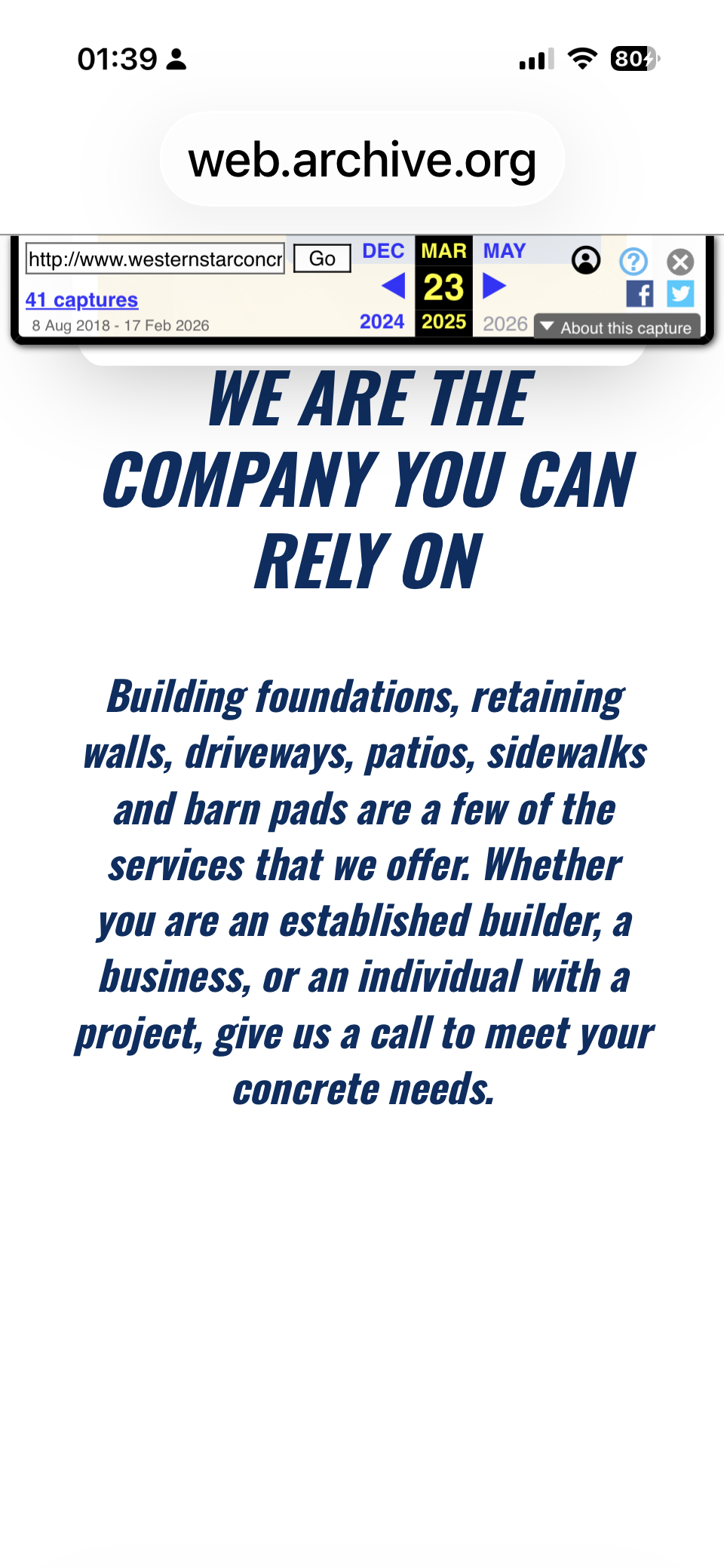 Archived Western Star Concrete mobile page showing earlier service descriptions