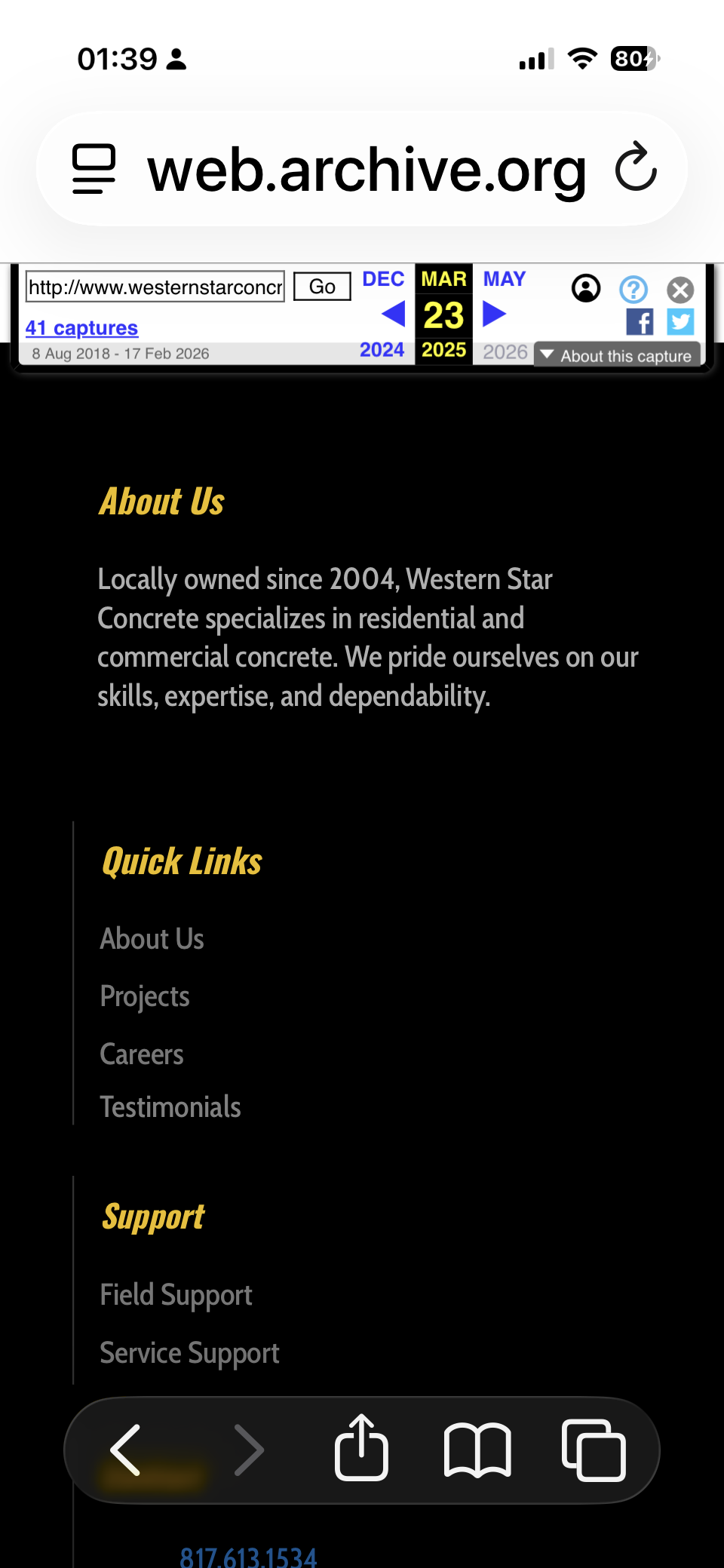 Archived Western Star Concrete mobile page showing earlier residential and commercial content